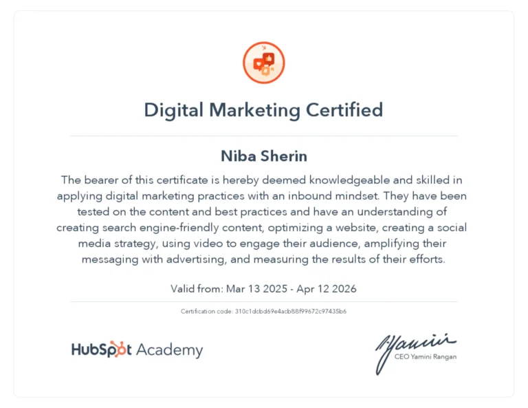 certification for nibasherin as a digital marketing expert from kannur